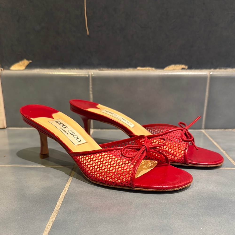 Jimmy Choo Red Leather Mesh Heeled Sandals